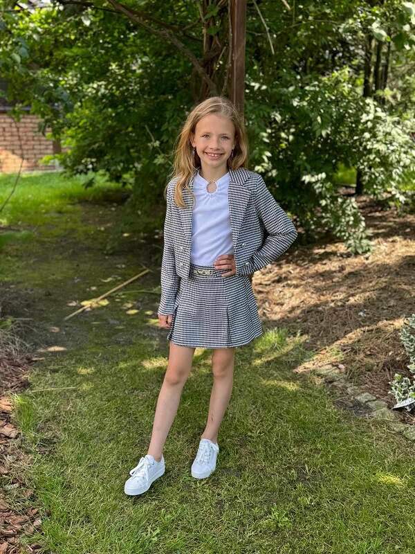 Komplet dziewczęcy ANBOR pepitka  – kolor biało/czarny