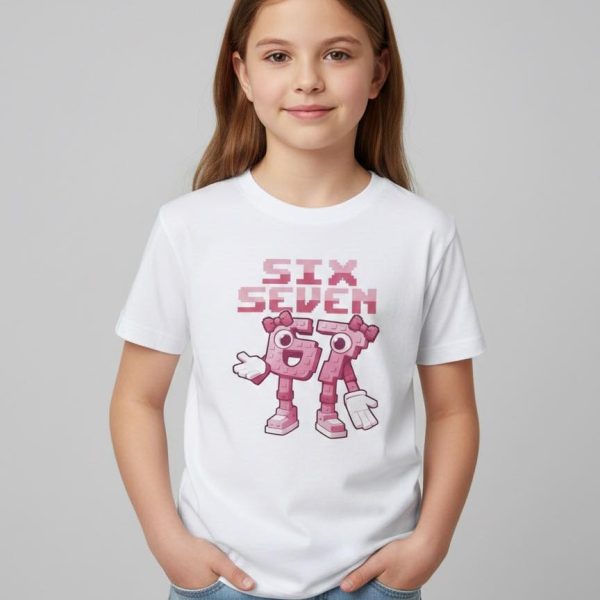 Bawełniana koszulka dziewczęca z nadrukiem 67 - róż