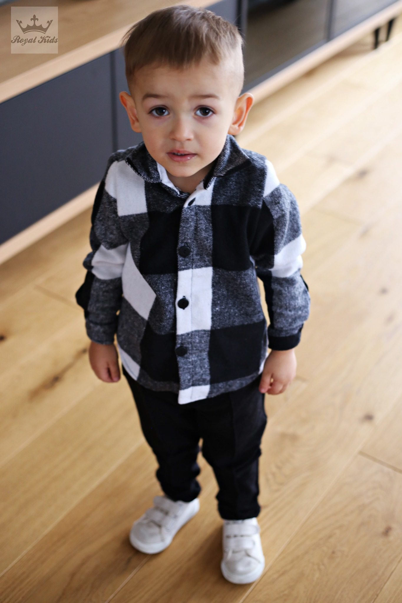 Koszula flanela krata Royal Kids - kolor biały/czarny