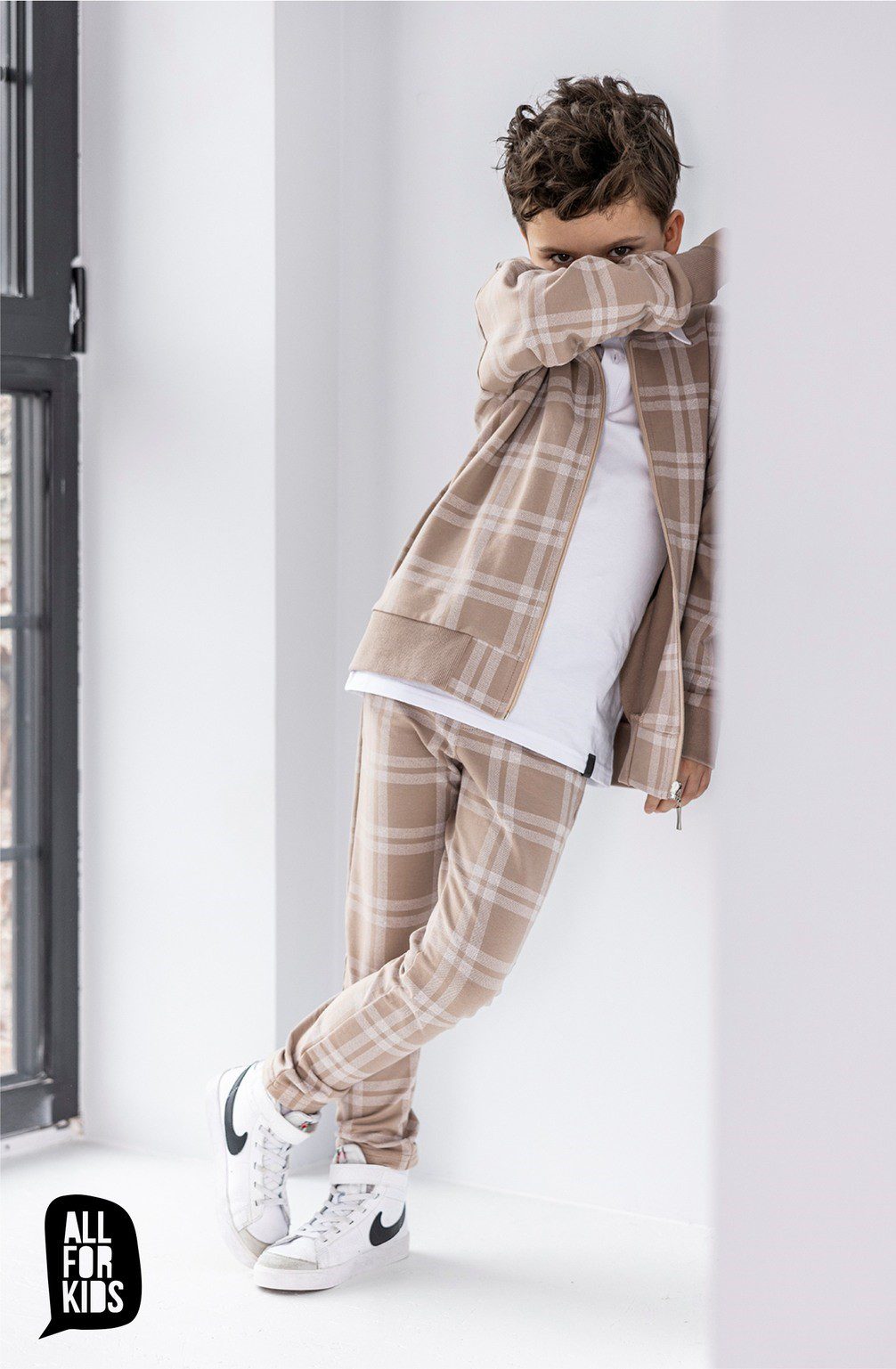 Spodnie dzianinowe All For Kids NEW SPRING krata - kolor beż