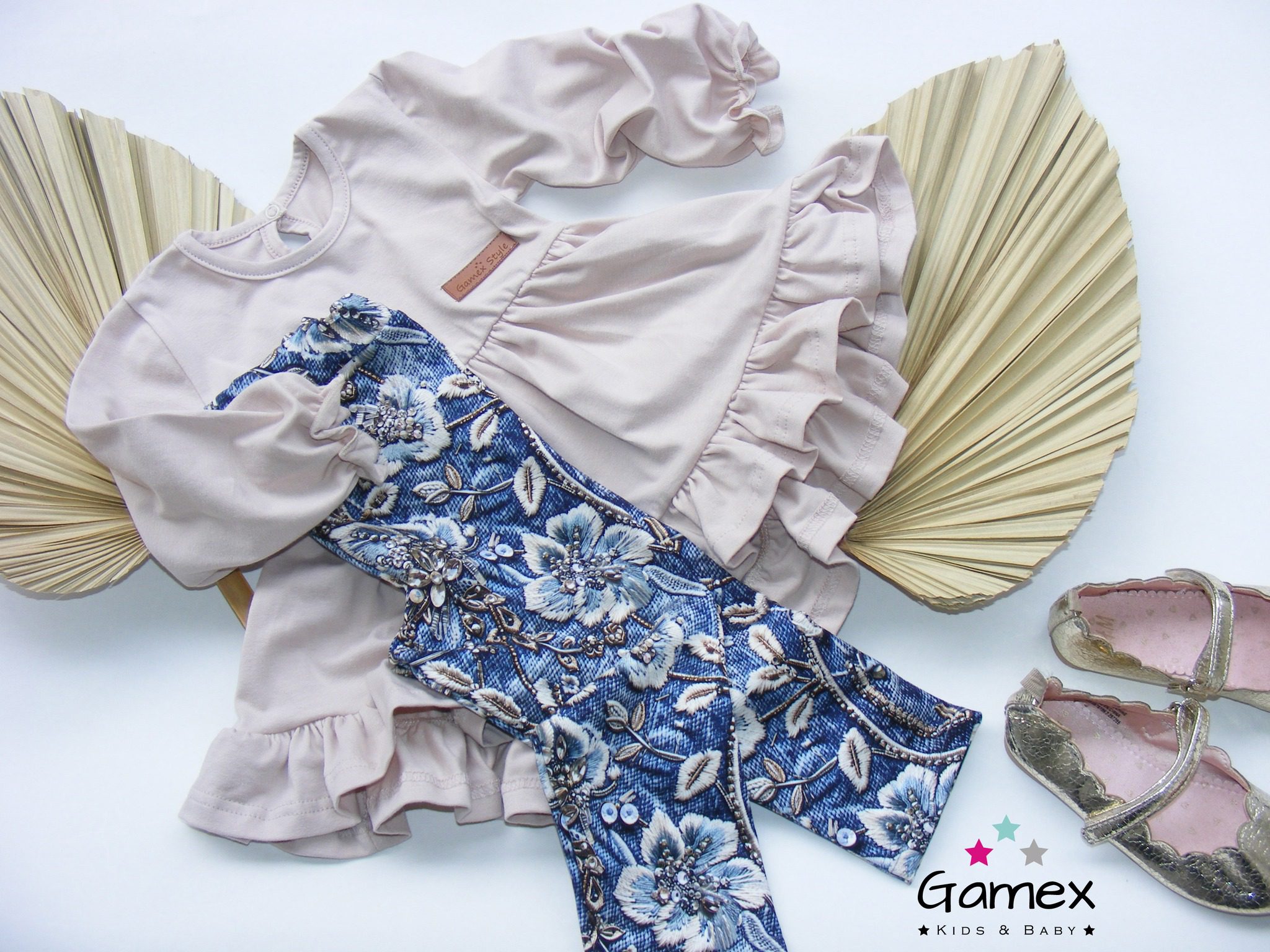 Komplet GAMEX tunika legginsy - kolor beżowy/niebieski