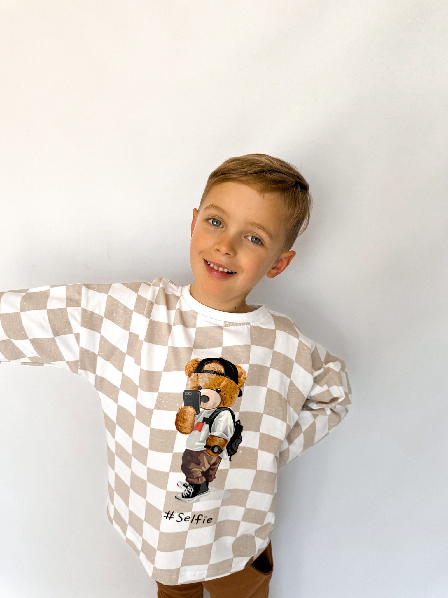 Bluzka szachownica biała/latte MIŚ - Star Kids