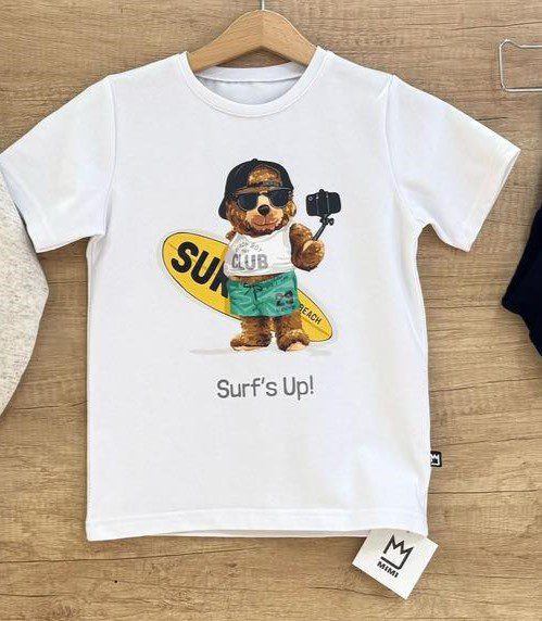 Biały t-shirt dla chłopca MIMI miś surfer