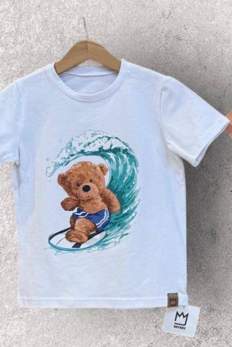 Biały t-shirt dla chłopca MIMI miś surfer
