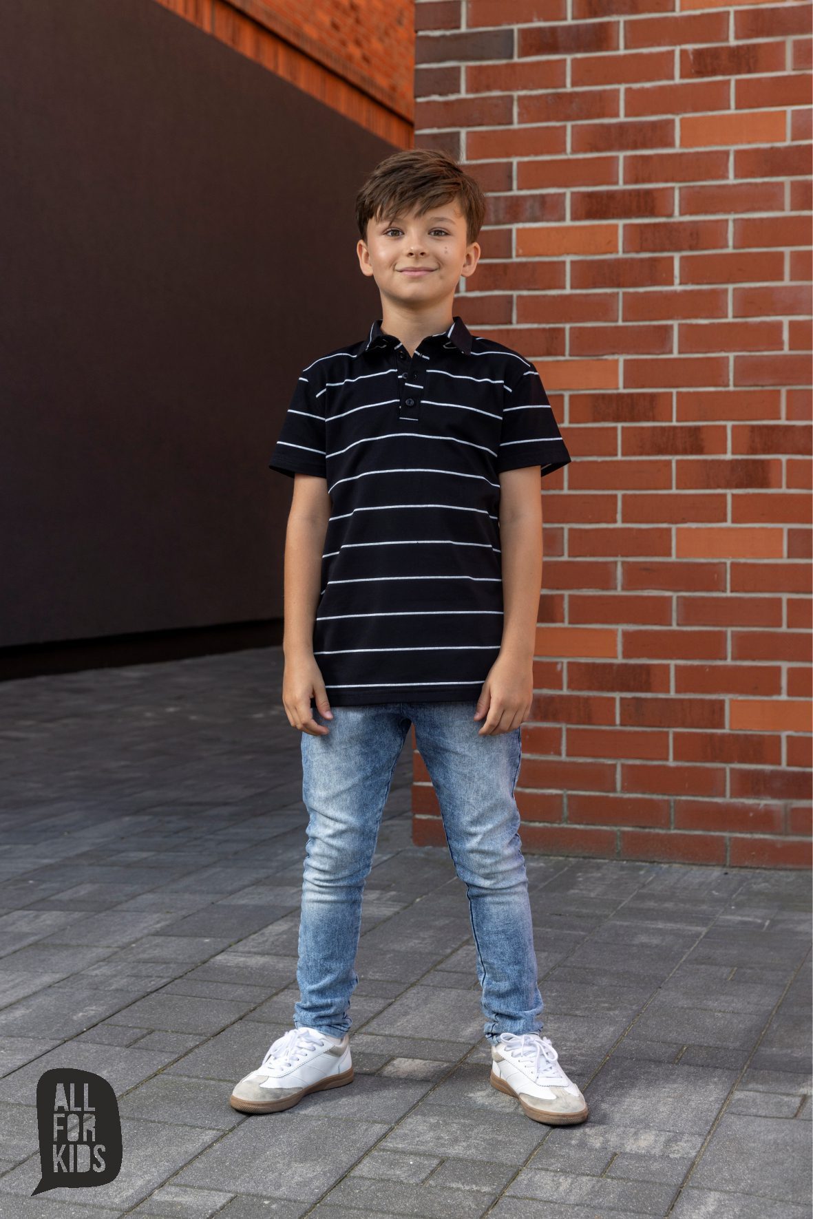 Bluzka polo bawełna All For Kids – kolor czarny w białe paski