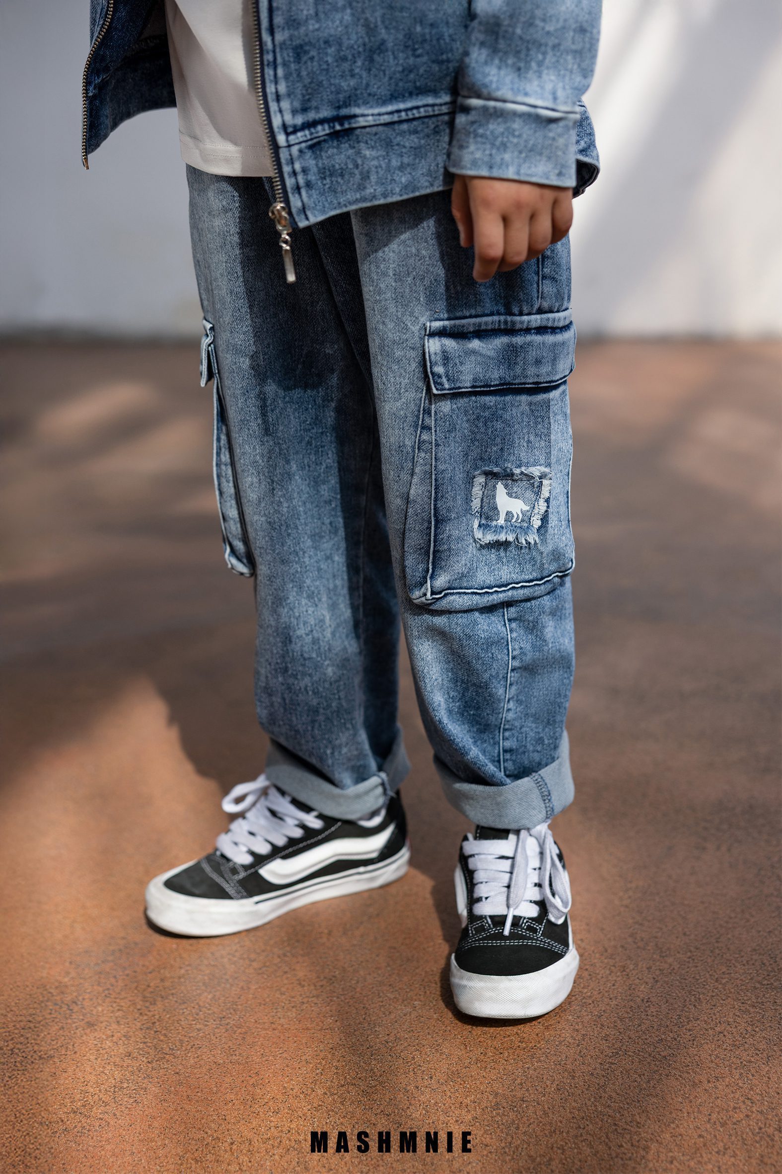 Spodnie chłopięce bojówki MashMnie – niebieskie