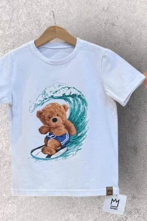 Biały t-shirt dla chłopca MIMI miś surfer